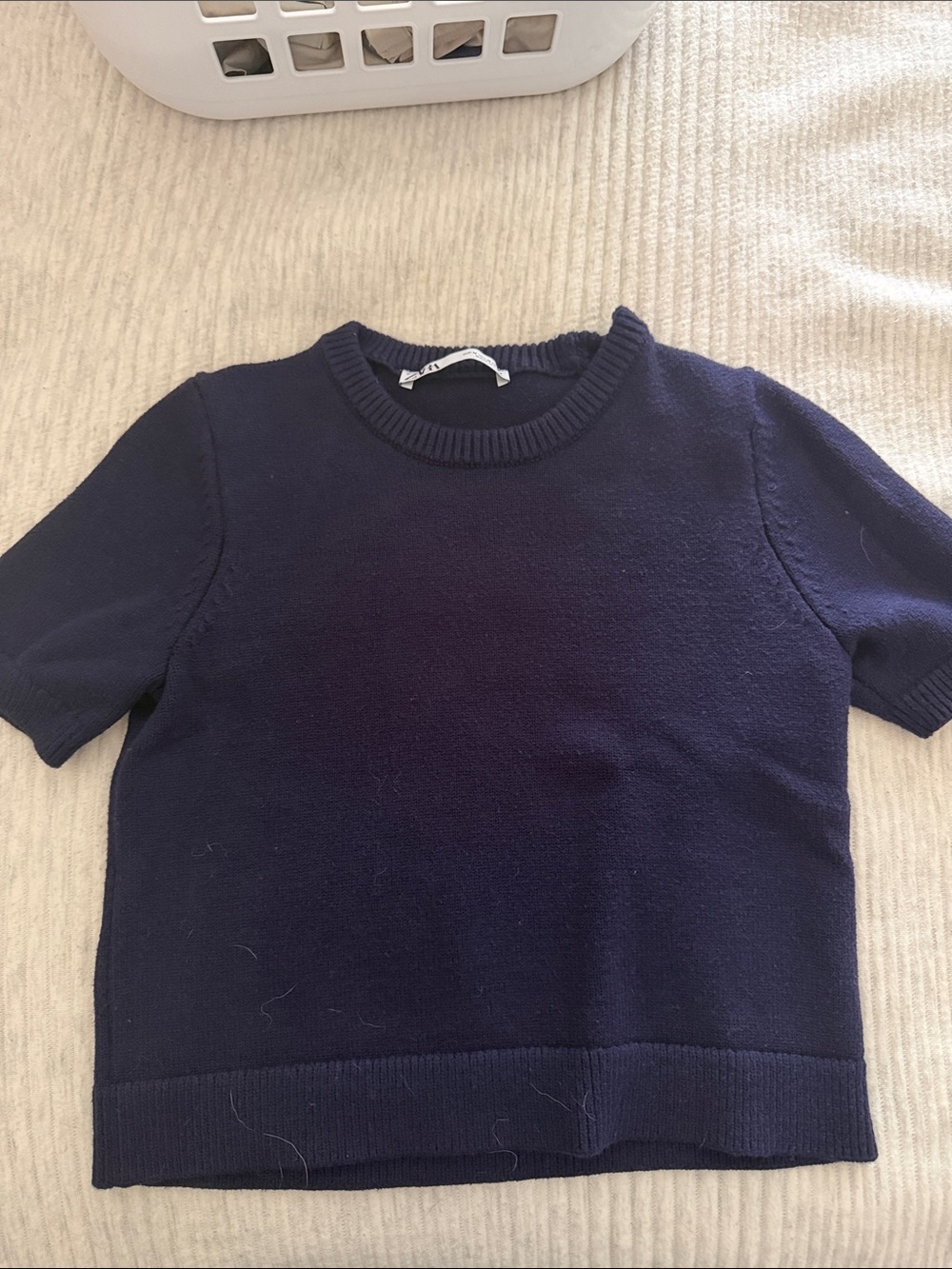 Zara Deep Navy Ribbed Crewneck Top